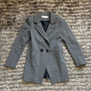Women's Gray Plaid Double-Breasted Blazer Jacket - Tailored Fit